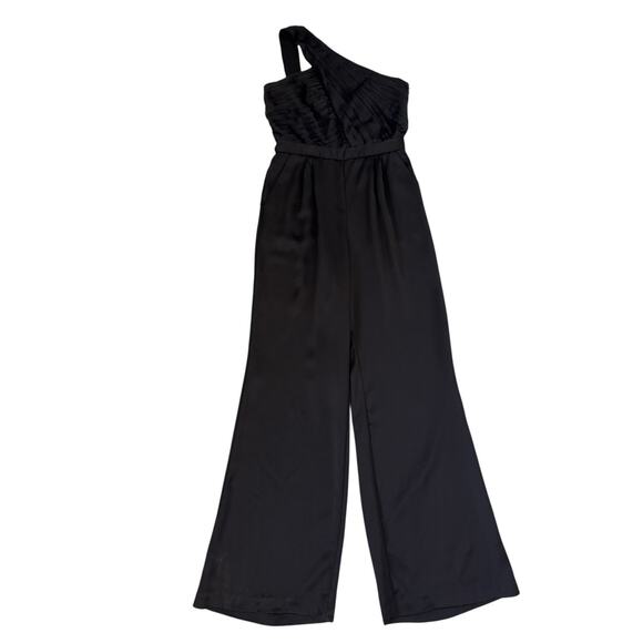 RAMY BROOK Women's Black Myra Asymmetric Pleated Satin Jumpsuit Size 10 - Picture 5 of 8